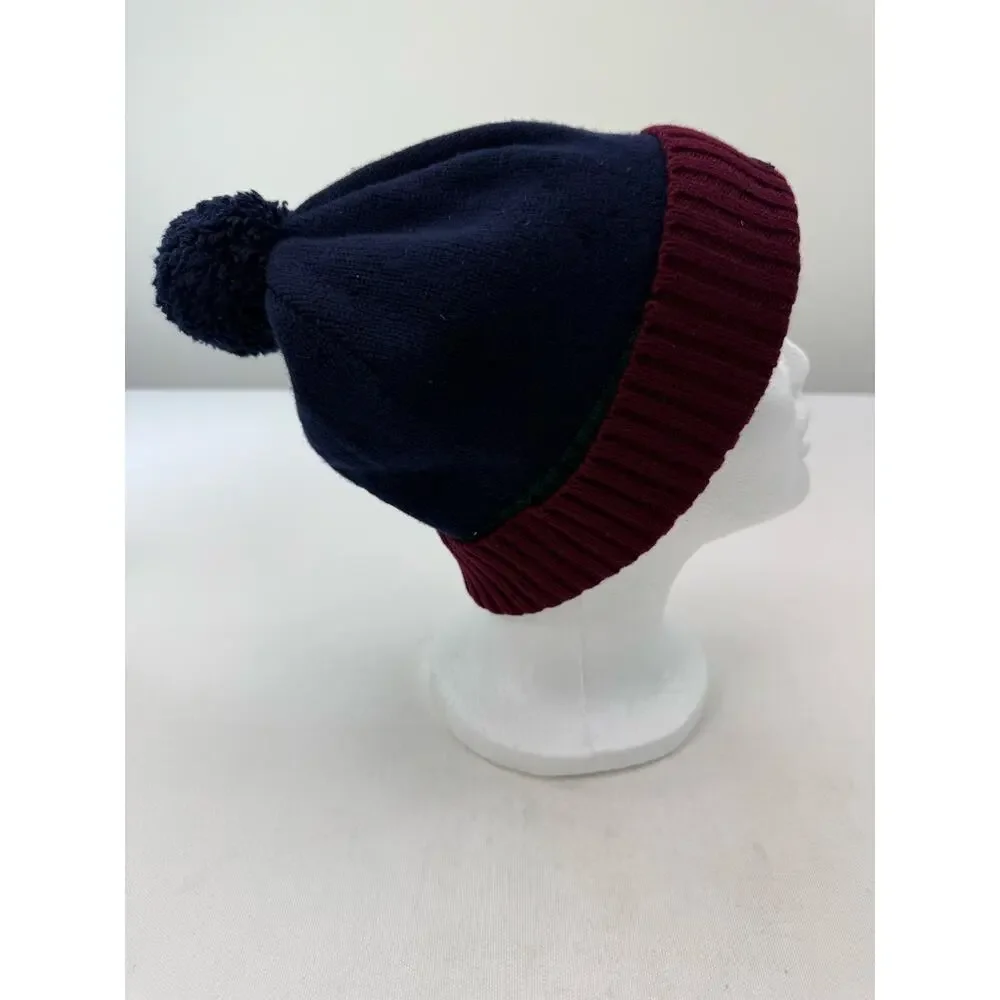 Ted Baker London Navy Burgundy Wool Pom Pom Beanie Hat 100% Wool